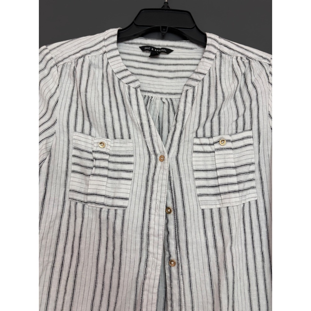 Zac & Rachel Womens Linen Blend Striped Button Down Blouse White Black Small - Picture 3 of 6